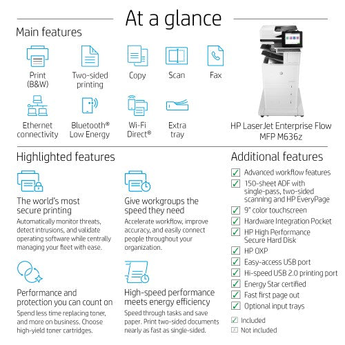 HP LaserJet Enterprise Flow M636z Wireless Multifunction Black and white Printer, Copier, Scanner; Duplex
