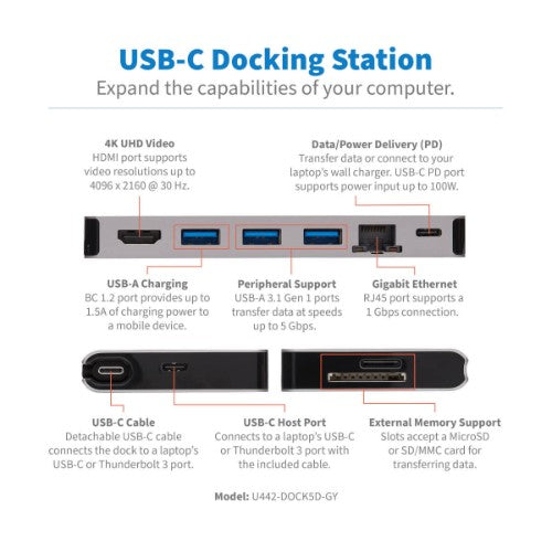 Tripp Lite U442-DOCK5D-GY laptop dock/port replicator Wired USB 3.2 Gen 1 (3.1 Gen 1) Type-C Gray