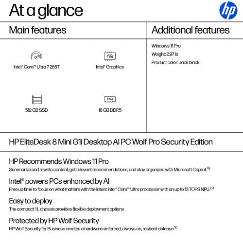 HP EliteDesk 8 Mini G1i Desktop AI PC Wolf Pro Security Edition Intel Core Ultra 7 265T 16 GB DDR5-SDRAM 512 GB SSD Windows 11 Pro Mini PC