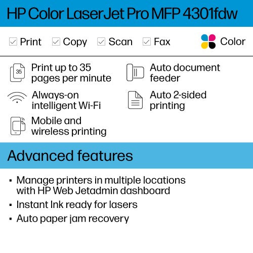 HP LaserJet Pro 4301fdw Wireless Multifunction Color Printer, Copier, Scanner; Duplex