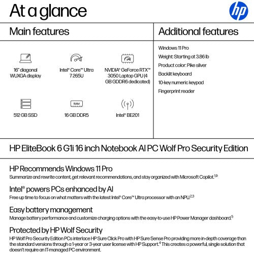 HP EliteBook 6 G1i 16 inch Notebook AI PC Wolf Pro Security Edition Intel Core Ultra 7 16" WUXGA 16 GB DDR5-SDRAM Silver