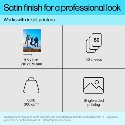 HP Premium Plus Photo Paper, Satin, 80 lb, 8.5 x 11 in. (216 x 279 mm), 50 sheets