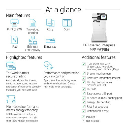 HP LaserJet Enterprise M635fht Multifunction Black and white Printer, Ethernet Only; Copier, Scanner