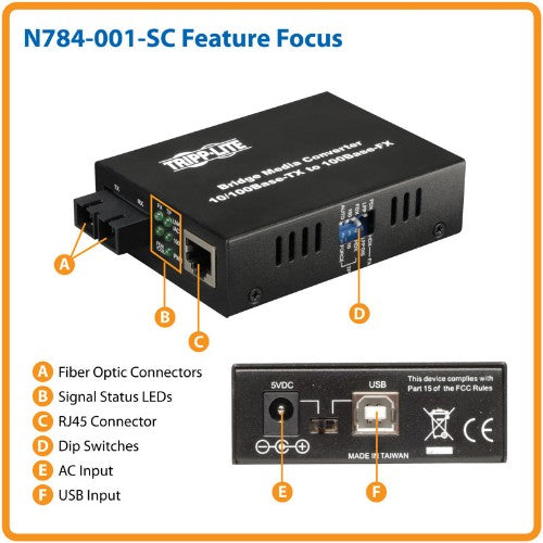 Tripp Lite N784-001-SC network media converter 100 Mbit/s 1310 nm Multi-mode Black