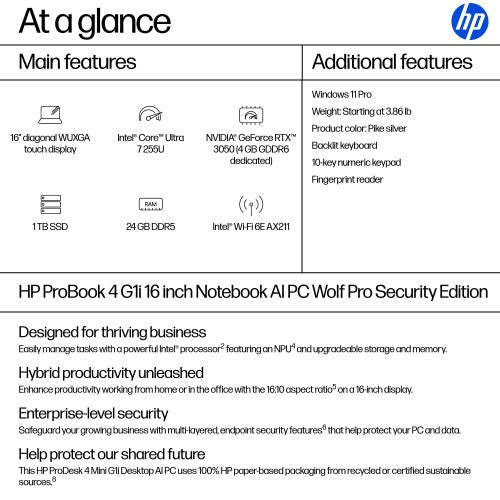 HP ProBook 4 G1i 16 inch Notebook AI PC Wolf Pro Security Edition Silver