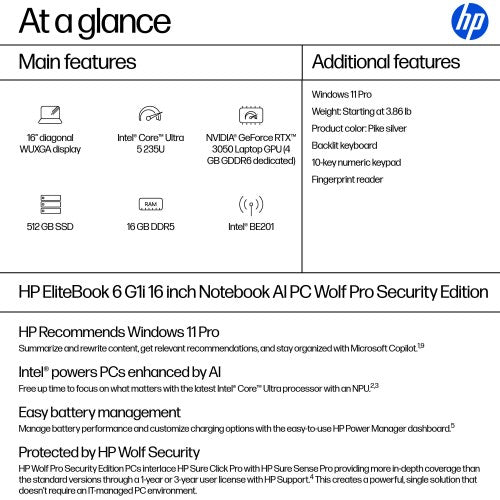 HP EliteBook 6 G1i 16 inch Notebook AI PC Wolf Pro Security Edition Intel Core Ultra 5 16" WUXGA 16 GB DDR5-SDRAM Silver