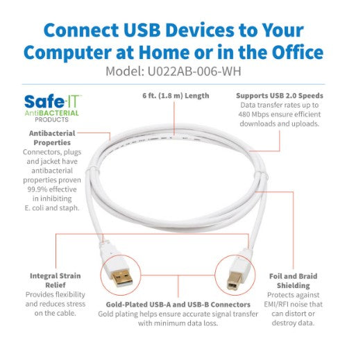 Tripp Lite U022AB-006-WH USB cable USB 2.0 72" (1.83 m) USB A USB B White