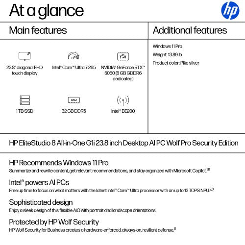HP EliteStudio 8 G1i AI PC Wolf Pro Security Edition Intel Core Ultra 7 265 23.8" 1920 x 1080 pixels Touchscreen 32 GB DDR5-SDRAM 1 TB SSD Windows 11 Pro Wi-Fi 7 (802.11be) Silver