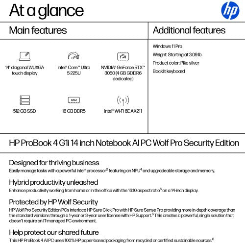 HP ProBook 4 G1i 14 inch Notebook AI PC Wolf Pro Security Edition Intel Core Ultra 7 14" WUXGA 16 GB DDR5-SDRAM Silver