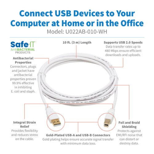 Tripp Lite U022AB-010-WH USB cable USB 2.0 120.1" (3.05 m) USB A USB B White