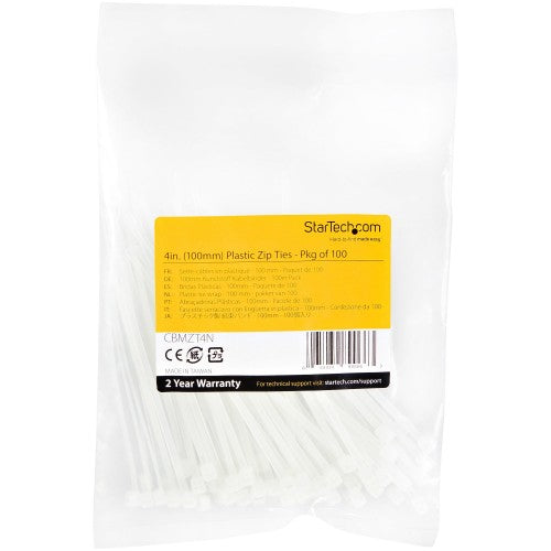 StarTech.com CBMZT4N cable tie Releasable cable tie Nylon, Plastic White 100 pc(s)