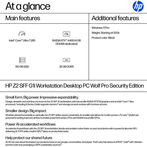 HP Z2 SFF G1i Wolf Pro Security Edition Intel Core Ultra 7 265 32 GB DDR5-SDRAM 512 GB SSD NVIDIA RTX A400 Windows 11 Pro Workstation AI Workstation, AI PC Black