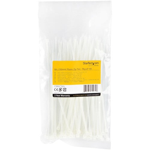 StarTech.com CBMZT6N cable tie Releasable cable tie Nylon, Plastic White 100 pc(s)