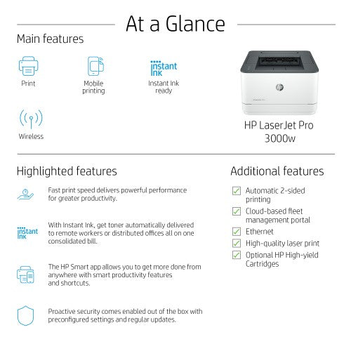 HP LaserJet Pro 3001dw Wireless Black and white Printer, Duplex