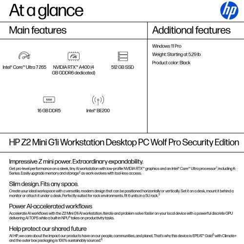 HP Z2 Mini G1i Wolf Pro Security Edition Intel Core Ultra 7 265 32 GB DDR5-SDRAM 512 GB SSD NVIDIA RTX A400 Windows 11 Pro Tower Mini PC AI Workstation, AI PC Black