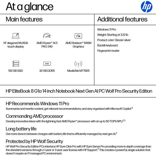 HP EliteBook 8 G1a 14 inch Notebook Next Gen AI PC Wolf Pro Security Edition 340 14" WUXGA 32 GB DDR5-SDRAM
