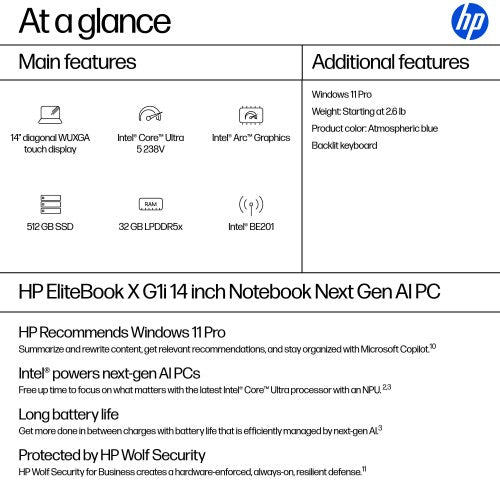 HP EliteBook X G1i 14 inch Notebook Next Gen AI PC Copilot+ PC Intel Core Ultra 5 238V Laptop 14" Touchscreen WUXGA 32 GB LPDDR5x-SDRAM Wi-Fi 7 (802.11be) Windows 11 Pro Blue