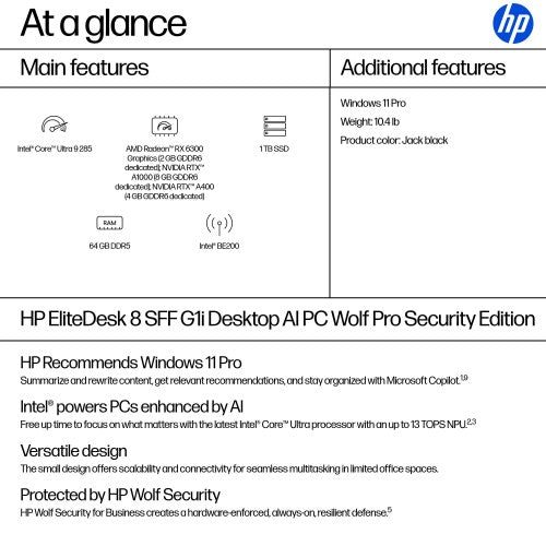 HP EliteDesk 8 SFF G1i Desktop AI PC Wolf Pro Security Edition Intel Core Ultra 9 285 64 GB DDR5-SDRAM 1 TB SSD Windows 11 Pro Black