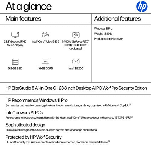 HP EliteStudio 8 All-in-One G1i AI PC Wolf Pro Security Edition Intel Core Ultra 5 235 23.8" 1920 x 1080 pixels Touchscreen All-in-One PC 16 GB DDR5-SDRAM 512 GB SSD Windows 11 Pro Wi-Fi 7 (802.11be) Silver