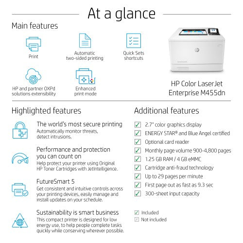 HP Color LaserJet Enterprise LaserJet Enterprise M455dn Color Printer, Ethernet Only; Duplex
