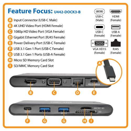 Tripp Lite U442-DOCK3-B laptop dock/port replicator Wired USB 3.2 Gen 2 (3.1 Gen 2) Type-C Black