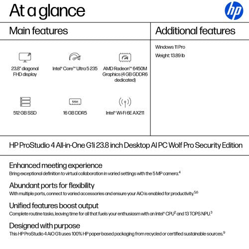 HP ProStudio 4 AI PC Wolf Pro Security Edition Intel Core Ultra 5 235 23.8" 1920 x 1080 pixels All-in-One PC 16 GB DDR5-SDRAM 512 GB SSD Windows 11 Pro Wi-Fi 6E (802.11ax) Black