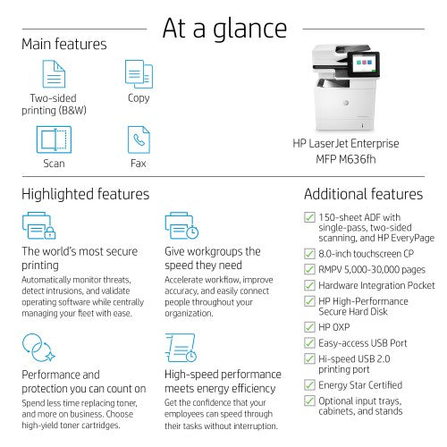 HP LaserJet Enterprise M636fh Multifunction Black and white Printer, Ethernet Only; Copier, Scanner