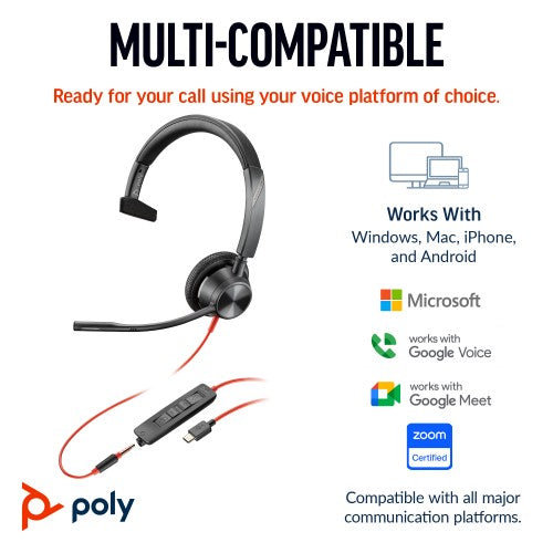 HP Poly Blackwire 3315 Monaural Microsoft Teams Certified USB-C Headset +3.5mm Plug +USB-C/A Adapter