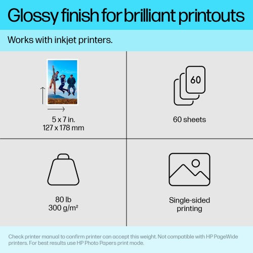HP Premium Plus Photo Paper Glossy 80 lb 5 x 7 in. (127 x 178 mm) 60 sheets