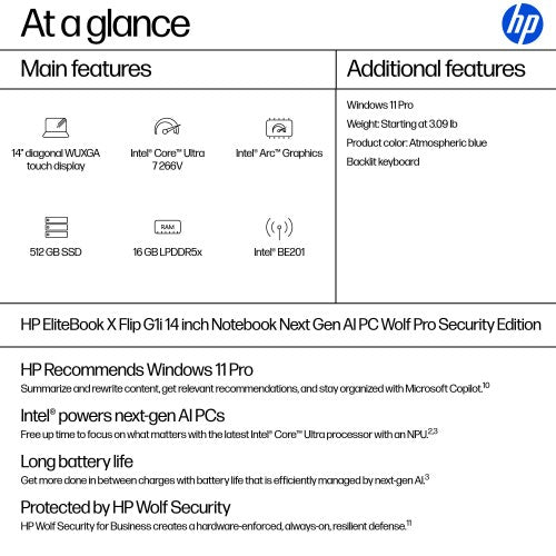 HP EliteBook X Flip G1i Next Gen AI PC Wolf Pro Security Edition Copilot+ PC Intel Core Ultra 7 266V Hybrid (2-in-1) 14" Touchscreen WUXGA 16 GB LPDDR5x-SDRAM 512 GB SSD Wi-Fi 7 (802.11be) Windows 11 Pro Blue