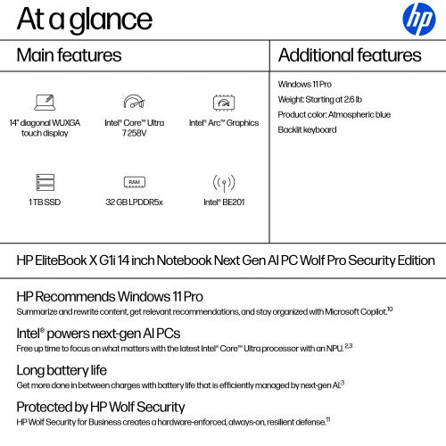 HP EliteBook X G1i Next Gen AI PC Wolf Pro Security Edition Intel Core Ultra 7 258V Laptop 14" Touchscreen WUXGA 32 GB LPDDR5x-SDRAM 1 TB SSD Wi-Fi 7 (802.11be) Windows 11 Pro Blue