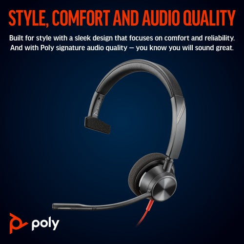 Poly Blackwire 3310 Monaural USB-C Headset +USB-C/A Adapter
