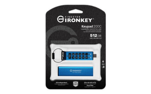 Kingston Technology IronKey Keypad 200 USB flash drive 512 GB USB Type-C 3.2 Gen 1 (3.1 Gen 1) Blue