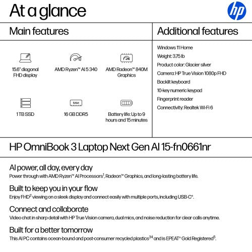 HP OmniBook 3 NGAI OmniBook 3 Next Gen AI 15-fn0661nr Copilot+ PC AMD Ryzen™ AI 5 340 Laptop 15.6" Full HD 16 GB DDR5-SDRAM 1 TB SSD Wi-Fi 6 (802.11ax) Windows 11 Home Silver