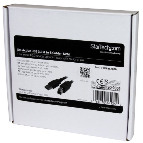StarTech.com USB3SAB5M USB cable USB 3.2 Gen 1 (3.1 Gen 1) 196.9" (5 m) USB A USB B 5 Gbit/s Black