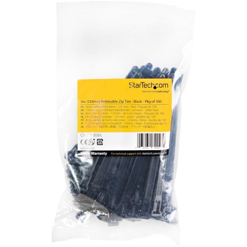 StarTech.com CBMZTRB5BK cable tie Releasable cable tie Nylon, Plastic Black 100 pc(s)