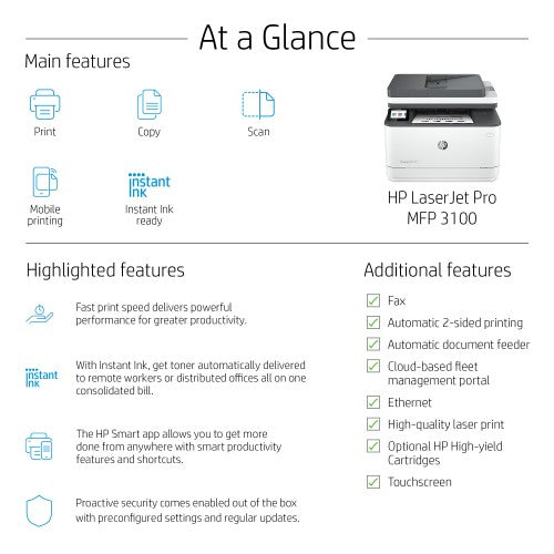 HP LaserJet Pro 3101fdw Wireless Multifunction Black and white Printer, Copier, Scanner; Duplex
