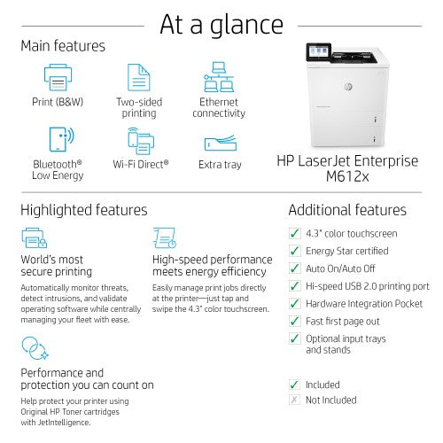 HP LaserJet Enterprise M612x Wireless Black and white Printer, Duplex