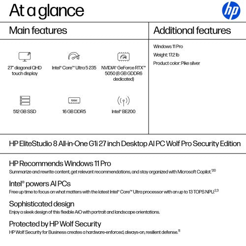 HP EliteStudio 8 G1i AI PC Wolf Pro Security Edition Intel Core Ultra 5 235 27" 2560 x 1440 pixels Touchscreen All-in-One PC 16 GB DDR5-SDRAM 512 GB SSD Windows 11 Pro Wi-Fi 7 (802.11be) Silver