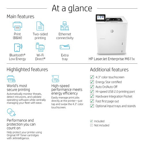HP LaserJet Enterprise M611x Wireless Black and white Printer, Duplex