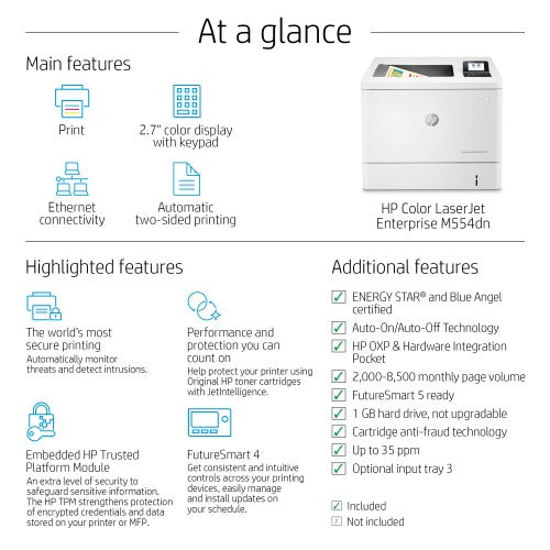 HP Color LaserJet Enterprise LaserJet Enterprise M554dn Color Printer, Ethernet Only; Duplex
