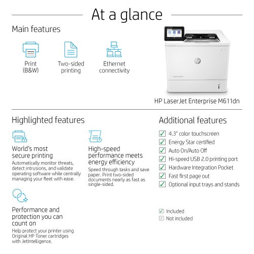 HP LaserJet Enterprise M611dn Black and white Printer, Ethernet Only; Duplex