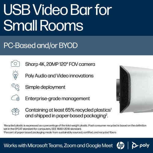 HP Poly Studio V12 USB Video Bar No Radio w/USB-C 65W Power Adapter and Power Cord GSA/TAA