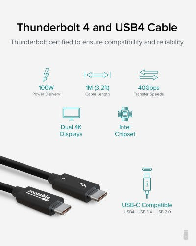 Plugable Technologies TBT4-40G1M Thunderbolt cable 39.4" (1 m) 40 Gbit/s Black