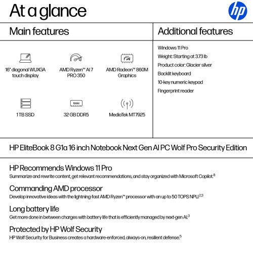 HP EliteBook 8 G1a 16 inch Notebook Next Gen AI PC Wolf Pro Security Edition Silver