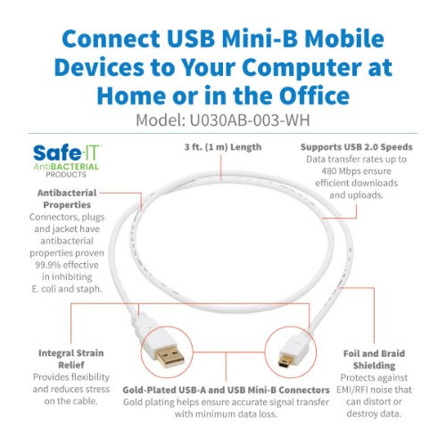 Tripp Lite U030AB-003-WH USB cable USB 2.0 35.8" (0.91 m) USB A Mini-USB B White