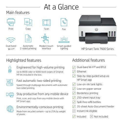 HP Smart Tank 7602 Wireless All-in-One Color Printer, Two-sided printing; Copier, Scanner
