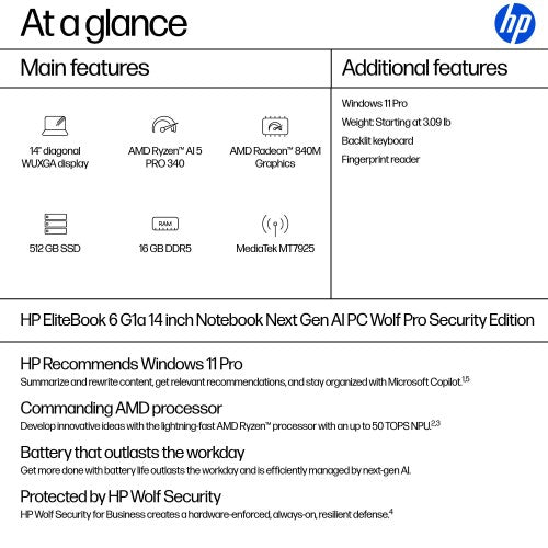 HP EliteBook 6 G1a Next Gen AI PC Wolf Pro Security Edition AMD Ryzen AI 5 PRO 340 Laptop 14" WUXGA 16 GB DDR5-SDRAM 512 GB SSD Wi-Fi 7 (802.11be) Windows 11 Pro Silver