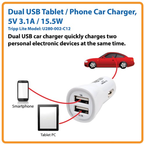 Tripp Lite U280-002-C12 mobile device charger Smartphone, Tablet, Universal White Cigar lighter Auto