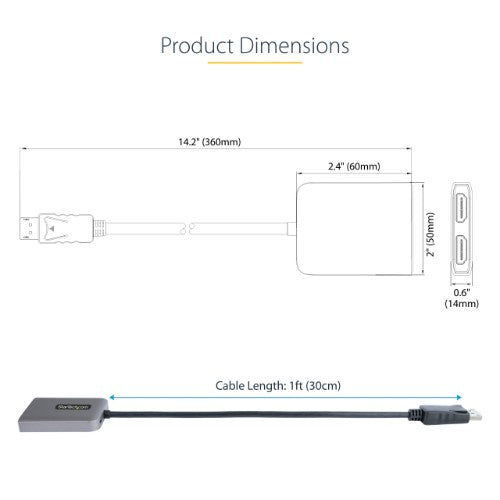 StarTech.com MST14DP122HD video cable adapter 11.8" (0.3 m) DisplayPort 2 x HDMI Black, Gray